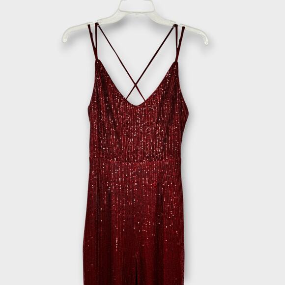 Lulus Wine Red Sequin Wide Leg Jumpsuit Size M Crisscross Open Back Sleeveless - Picture 10 of 16